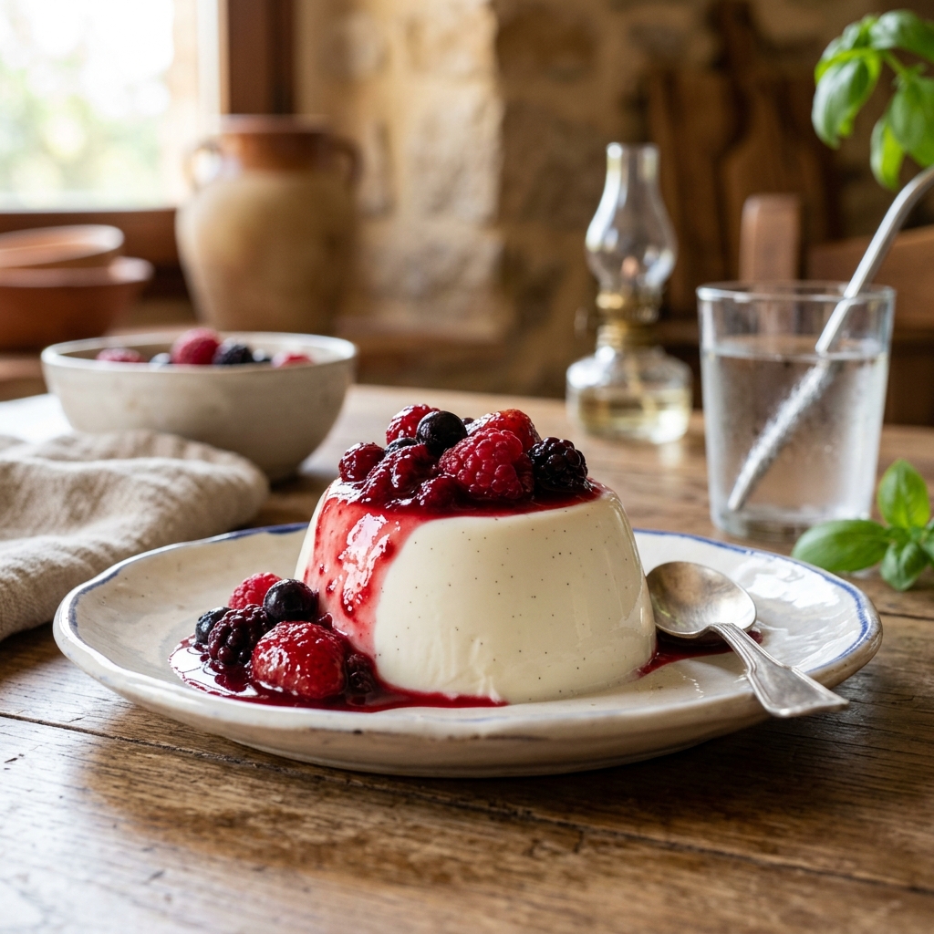 Vanilla Panna Cotta with Forest Berry Sauce